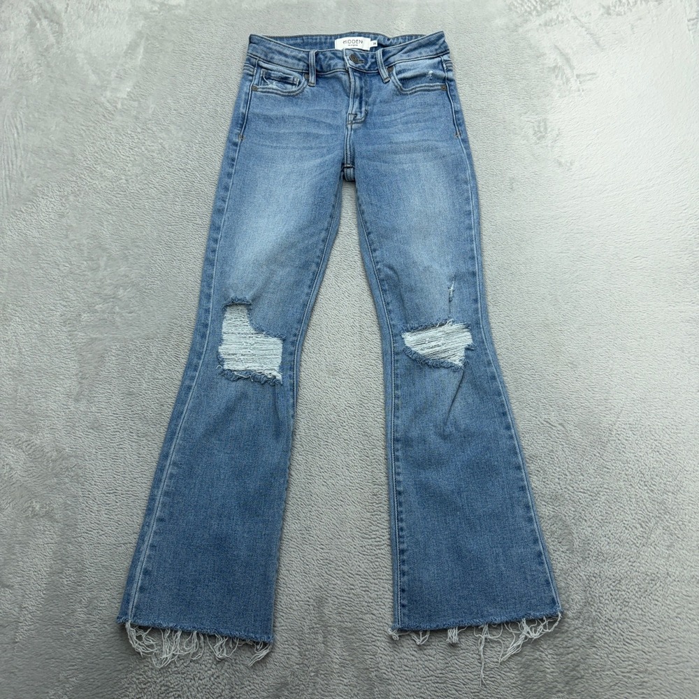 Hidden Jeans Flare Womens 24 Blue Distressed Raw Hem High Rise Denim Pants